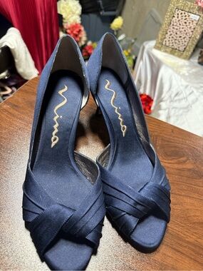 Manolo Blahnik Navy Satin Knotted Peep-Toe Pumps